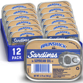 Brunswick front can view showing label and sealed lid, convenient pantry protein