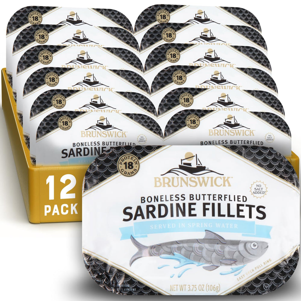 Brunswick sardines front packaging shows 12-can case and clear labeling for convenience