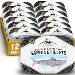 Brunswick sardines front packaging shows 12-can case and clear labeling for convenience