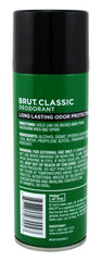 Hand holding one Brut 10oz aerosol can for scale and convenient daily use
