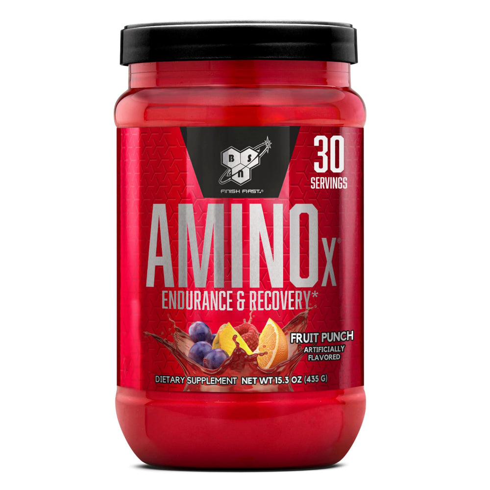 BSN AMINOx front packaging showing Fruit Punch flavor and 30 servings benefit