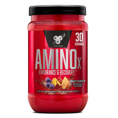 BSN AMINOx front packaging showing Fruit Punch flavor and 30 servings benefit