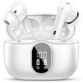 Btootos front view of white case and earbuds showing sleek design and portability