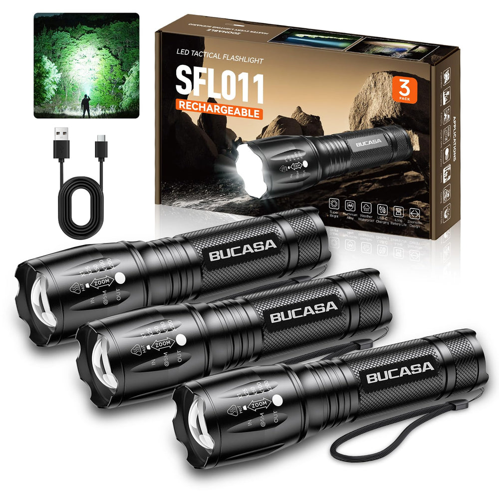 BUCASA front packaging showing three rechargeable flashlights and cables, ideal gift