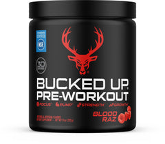 Bucked Up Red Raz front canister showing branding and flavor for clear product recognition