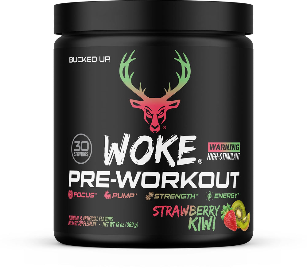 Bucked Up front label showing strawberry kiwi flavor and high-stim benefits