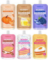 BUDDY BUDDER front packaging showing mixed flavor pouch benefits