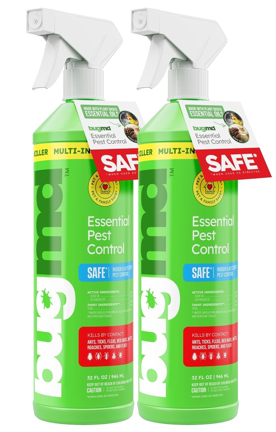 BugMD bottle front label shows product name and 32 oz size, clear identification benefit