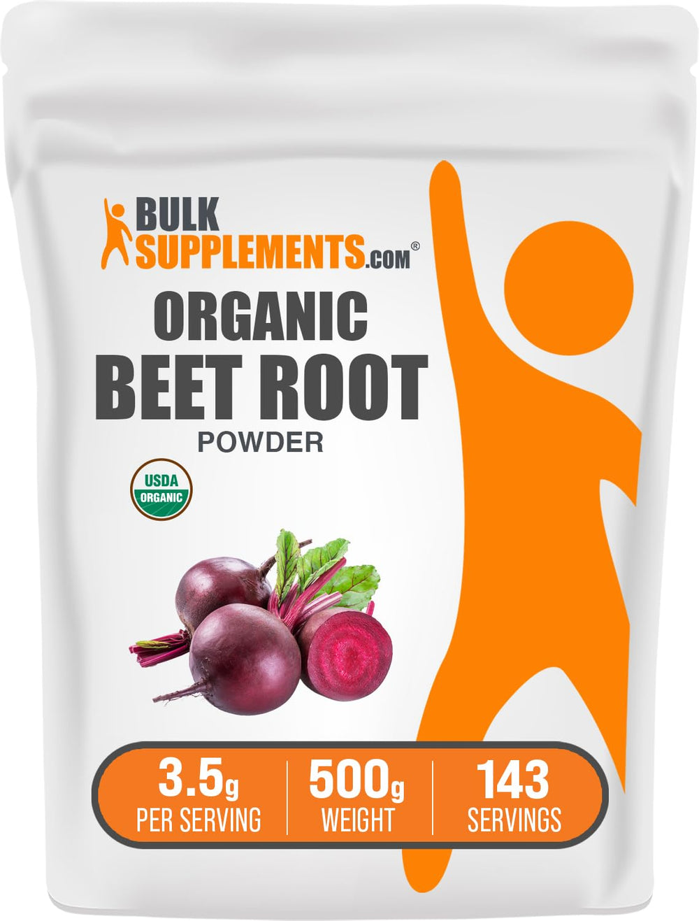 BulkSupplements front packaging showing 500g beet root powder for convenient use