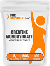 BulkSupplements front packaging of creatine powder showing label and size benefits