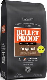 Bulletproof front packaging showing 12-ounce bag and branding, assuring premium decaf