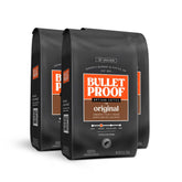Bulletproof front packaging showing three 12 oz bags and premium branding benefits
