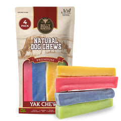 Bully Bunches front packaging showing four assorted yak chews and product benefits