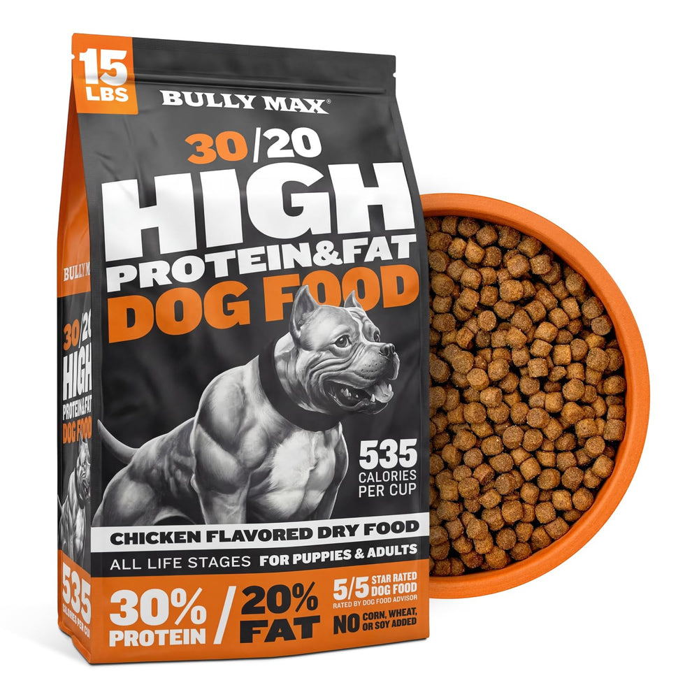 Bully Max front bag view showing packaging and weight, highlights high-calorie benefit