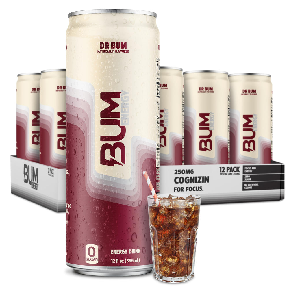 Bum Energy 12-pack front view showing cans and branding for instant recognition
