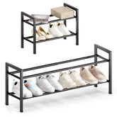 Bumusty front view showing compact black two-tier rack and organized benefit