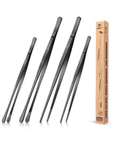 BUNDLEPRO front view of all four black long tweezers showing set benefits