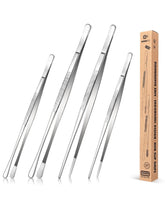 BUNDLEPRO front view of 4-piece tweezer set showing lengths and finishes for precise cooking