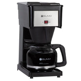 BUNN front view of black brewer showing compact design and quick brewing benefit