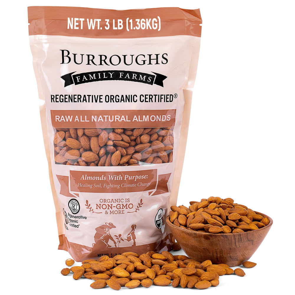 Burroughs Family Farms front packaging showing 3 lb bag and organic badge, highlights sustainability