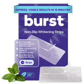 BURST front packaging showing 20 mint whitening strips and benefits