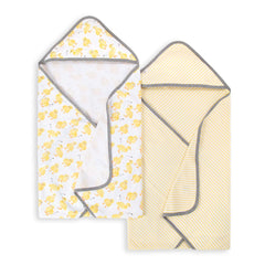 Burt's Bees Baby front-packaging showing two hooded towels and prints, promotes soft comfort