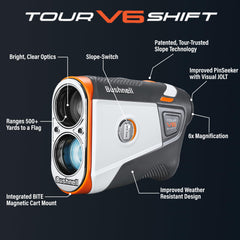 Bushnell Tour V6 Shift optics close-up showing clear lenses and 6x magnification