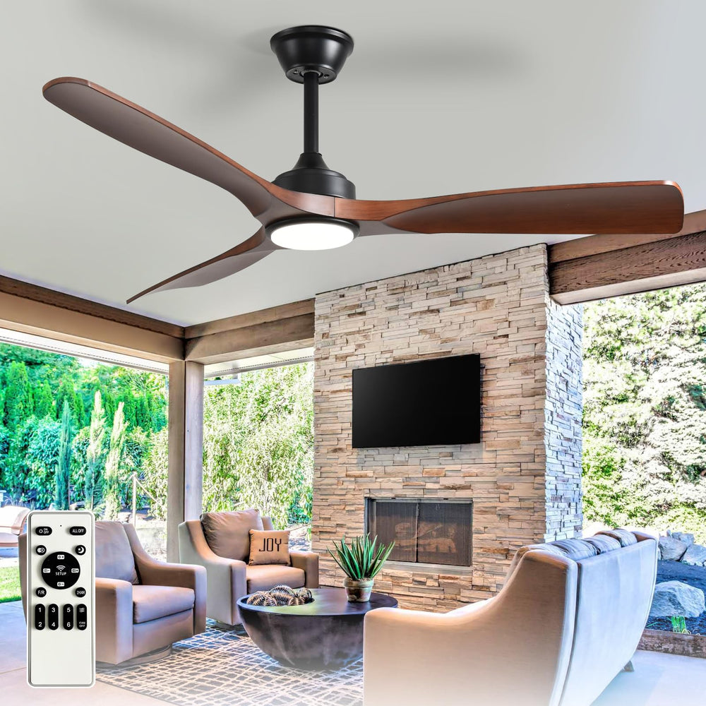 BvenuBigLite front view walnut 52-inch fan showing modern 3-blade design and light benefit cooling