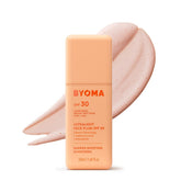 BYOMA front packaging showing compact sunscreen bottle and branding benefits