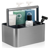 BYUNER front view gray shower caddy showing neat bottle organization