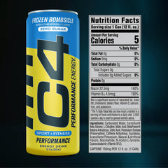 Close-up of C4 can label highlighting brand and clear ingredient benefits