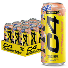C4 Peach can front view showing Jolly Rancher branding and energy boost benefit