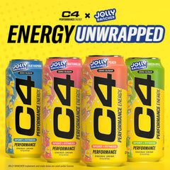 Four C4 JOLLY RANCHER cans lined up showing variety and convenient pack benefit
