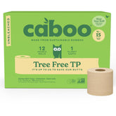 Caboo front packaging showing 12 double rolls and plastic-free box benefit