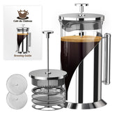 Cafe Du Chateau front view of full french press ready to serve, showcasing elegant design and durability