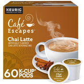 Café Escapes front packaging showing chai latte pods and 60-count benefit