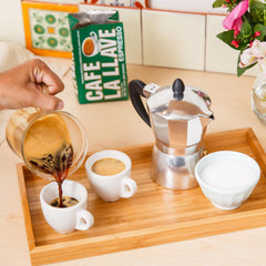 Cafe La Llave moka pot brewing scene demonstrating strong Cuban-style cup