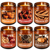 CALIDLUMEN fall candles front view showing six seasonal jars and labels for easy gifting