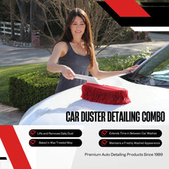 California Car Duster gently wiping car hood for fast exterior maintenance benefit