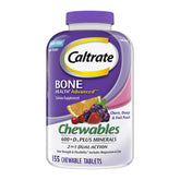 Caltrate bottle front view showing chewables and 155 count for convenient supply