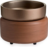Candle Warmers ETC front view showing pewter walnut finish and compact benefit