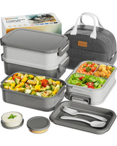 Canfanni dusk gray front packaging showing full bento set and insulated bag for easy transport