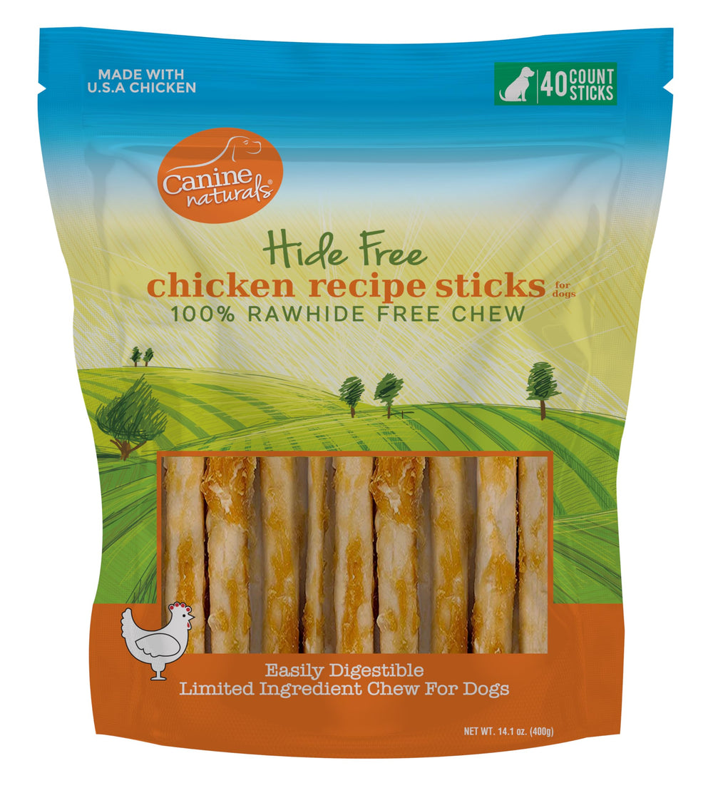 Canine Naturals front packaging showing 40-count chicken chews and benefits