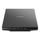 Canon CanoScan LiDE 300 front view showing compact scanner and lid benefit: saves desk space