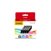 Canon CLI-281 front packaging showing four cartridges and clear product labeling benefit: easy identification