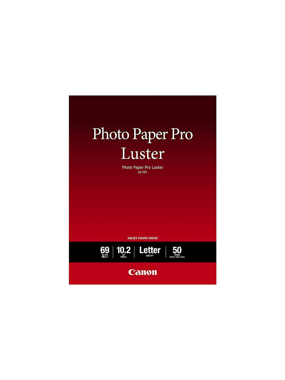Canon LU-101 front packaging showing 50 sheets and benefits for vivid prints