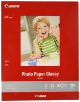 Canon glossy photo paper front pack showing brand and sheet count, reliable printing results