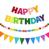 CANREVEL front view of rainbow happy birthday banner showing colorful, instant party impact