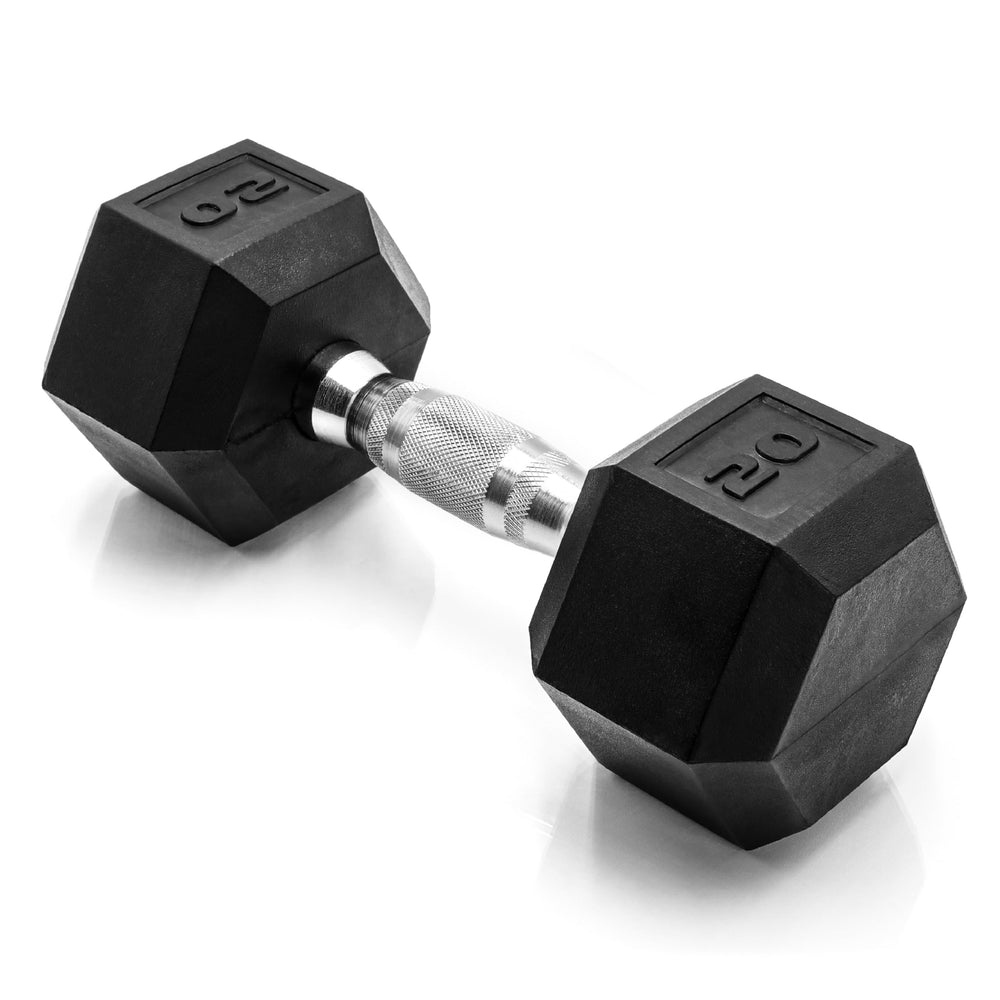 CAP Barbell 20 lb front view showing hex heads and raised weight markings for easy selection