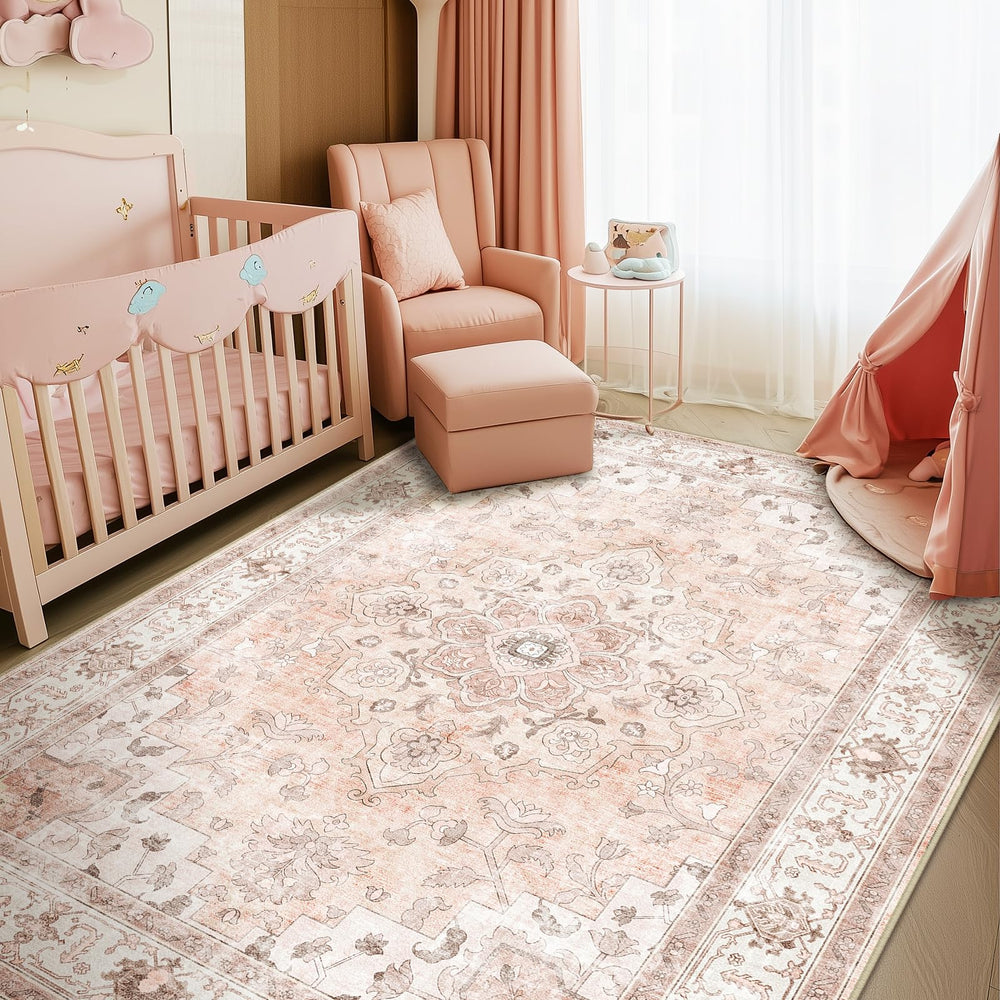 CAPALOCA front view pink floral rug showing decorative pattern and soft feel